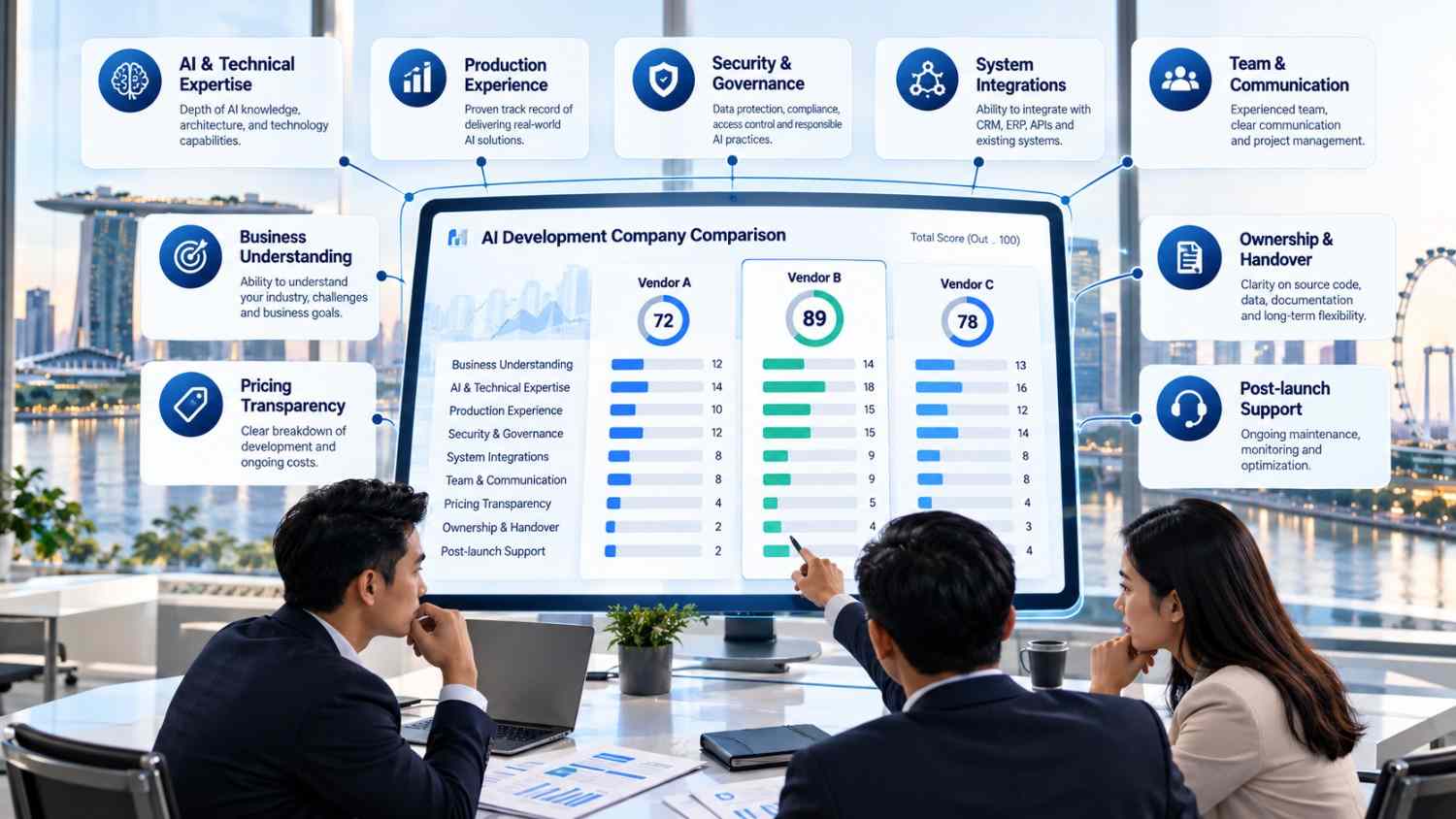 AI development company evaluation criteria including technical expertise, security, integrations, production experience and support