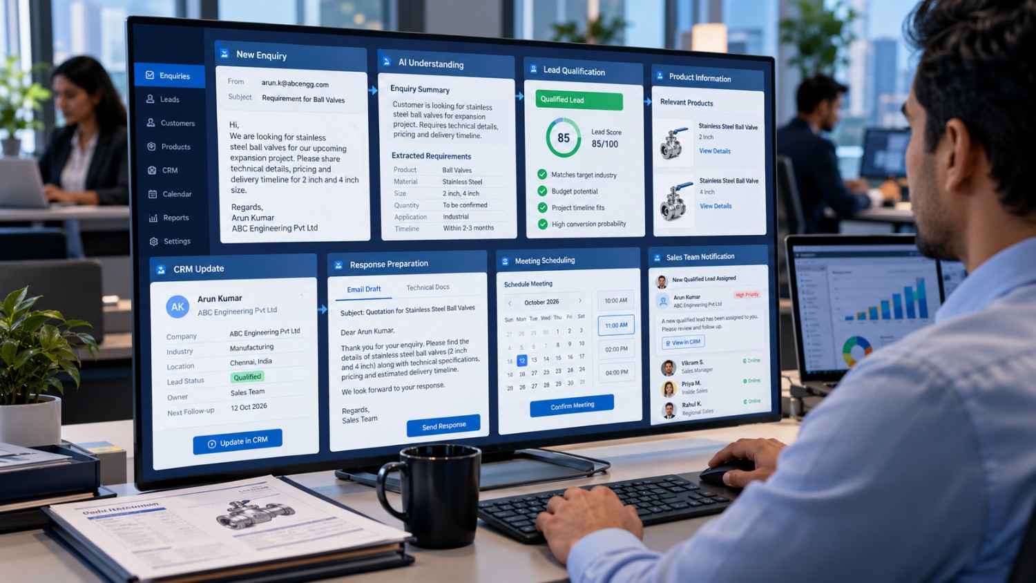 AI-powered business workflow processing a customer enquiry, qualifying a lead and connecting CRM and scheduling systems